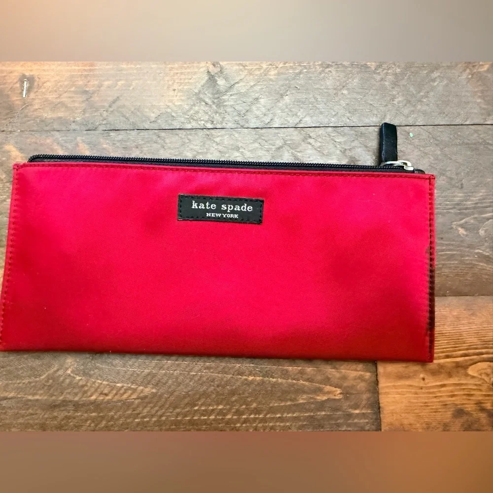 Red Black canvas Kate Spade zip pencil makeup travel  pouch GUC